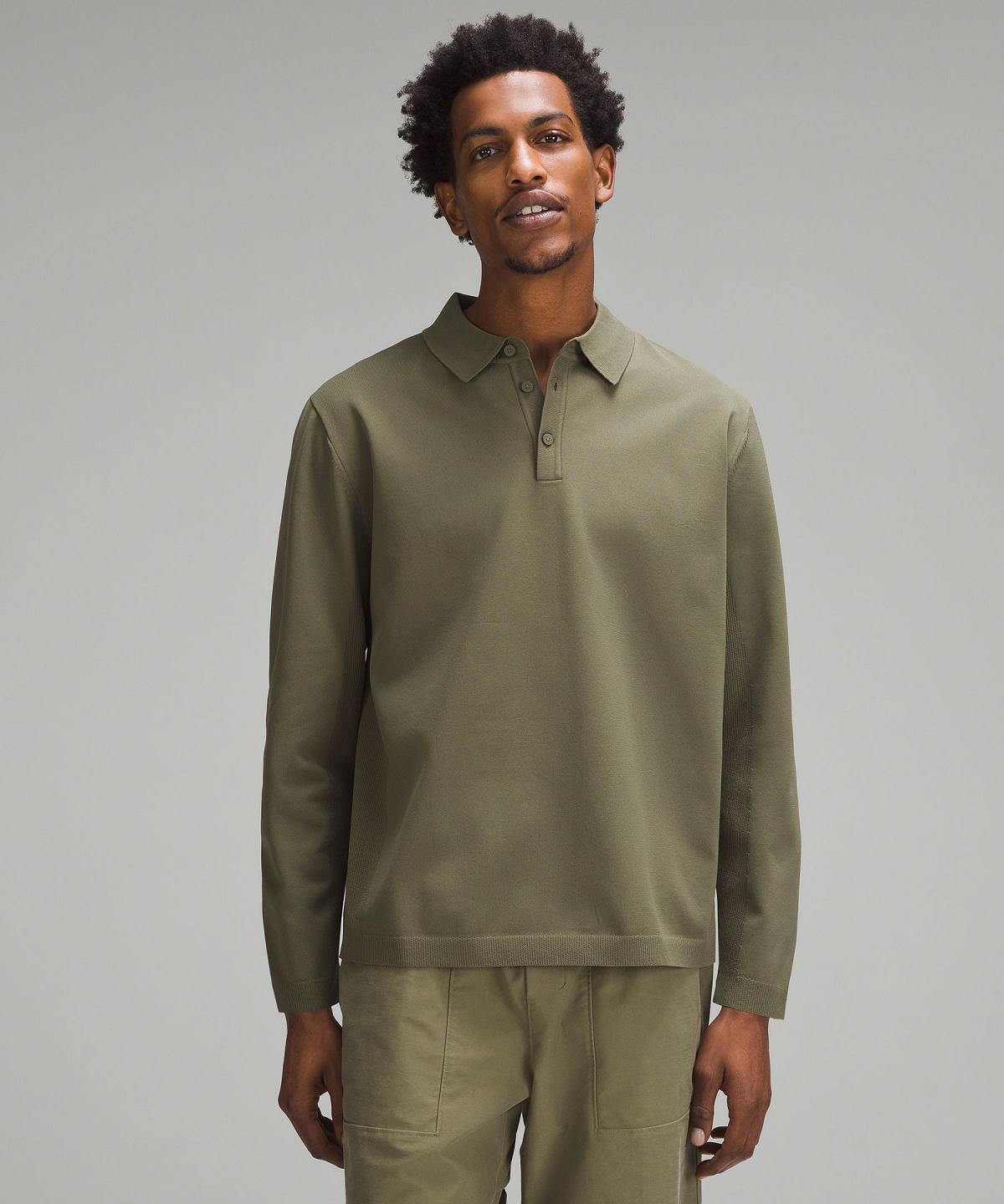 Chandails Lululemon Lightweight Knit Long-Sleeve Polo Shirt Homme Vert Olive | FR_LuLu25865