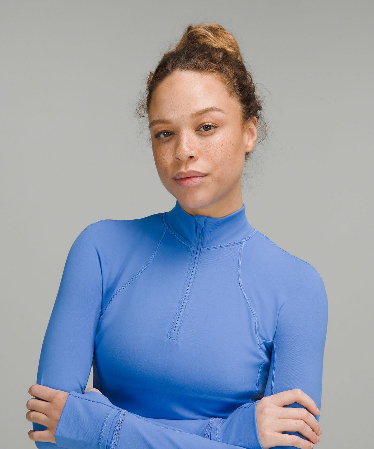 Chemise À Manches Longues Lululemon It's Rulu Cropped Half Zip Femme Bleu | FR_LuLu99179