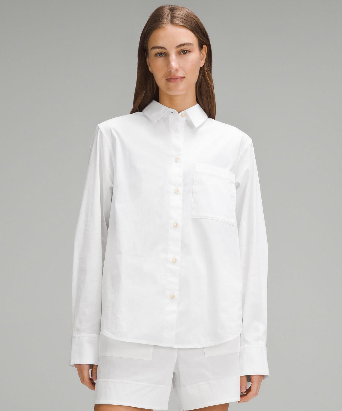 Chemise À Manches Longues Lululemon Relaxed-Fit Cotton-Blend Poplin Button-Down Femme Blanche | FR_LuLu94496