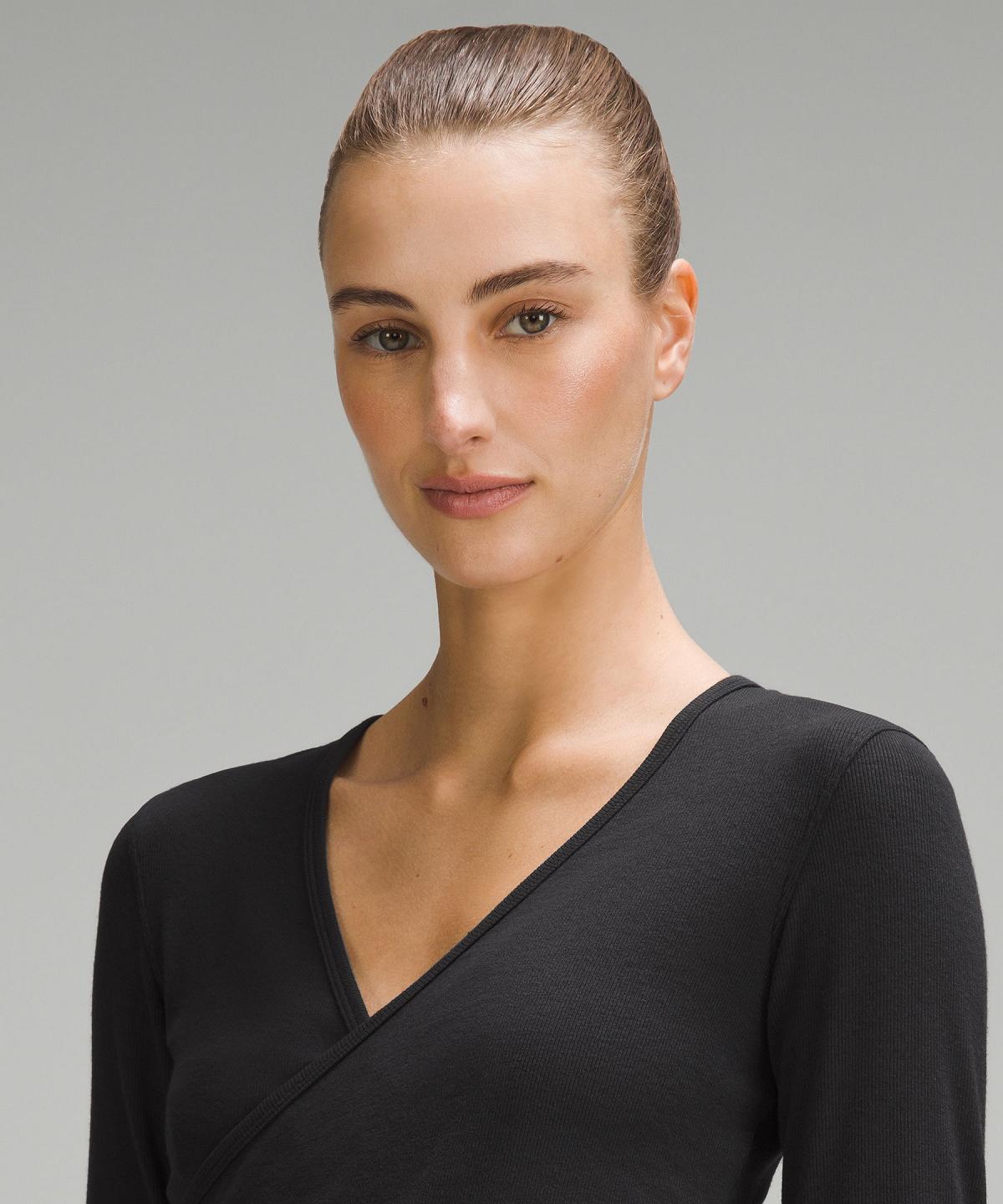 Chemise À Manches Longues Lululemon Wrap-Front Ribbed Long-Sleeve Top Femme Noir | FR_LuLu51434