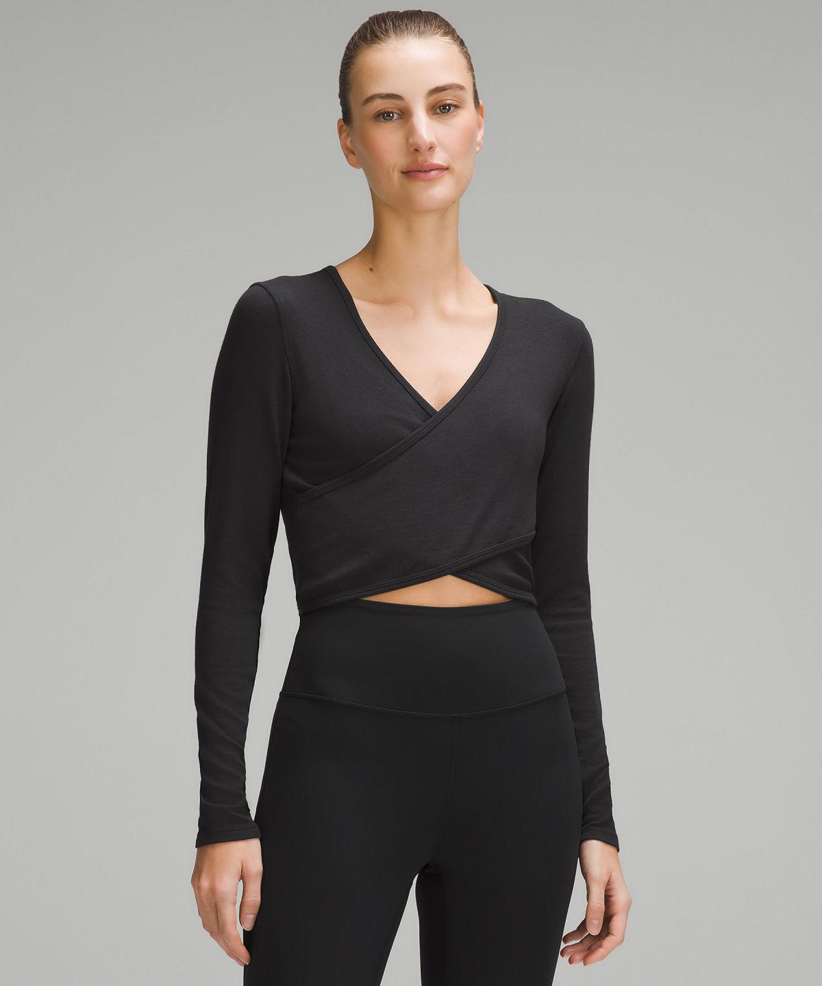 Chemise À Manches Longues Lululemon Wrap-Front Ribbed Long-Sleeve Top Femme Noir | FR_LuLu51434