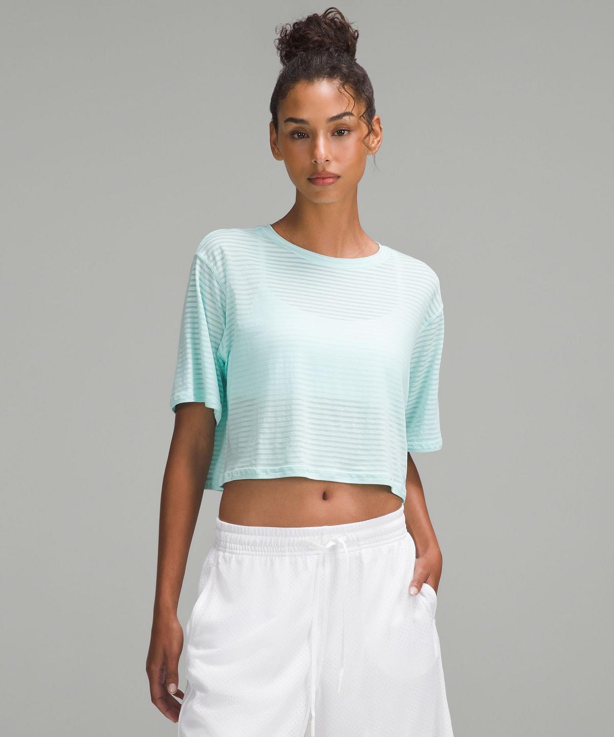 Chemises Lululemon Cortes Cropped T-Shirt Femme Grise Stripes Menthe | FR_LuLu53184