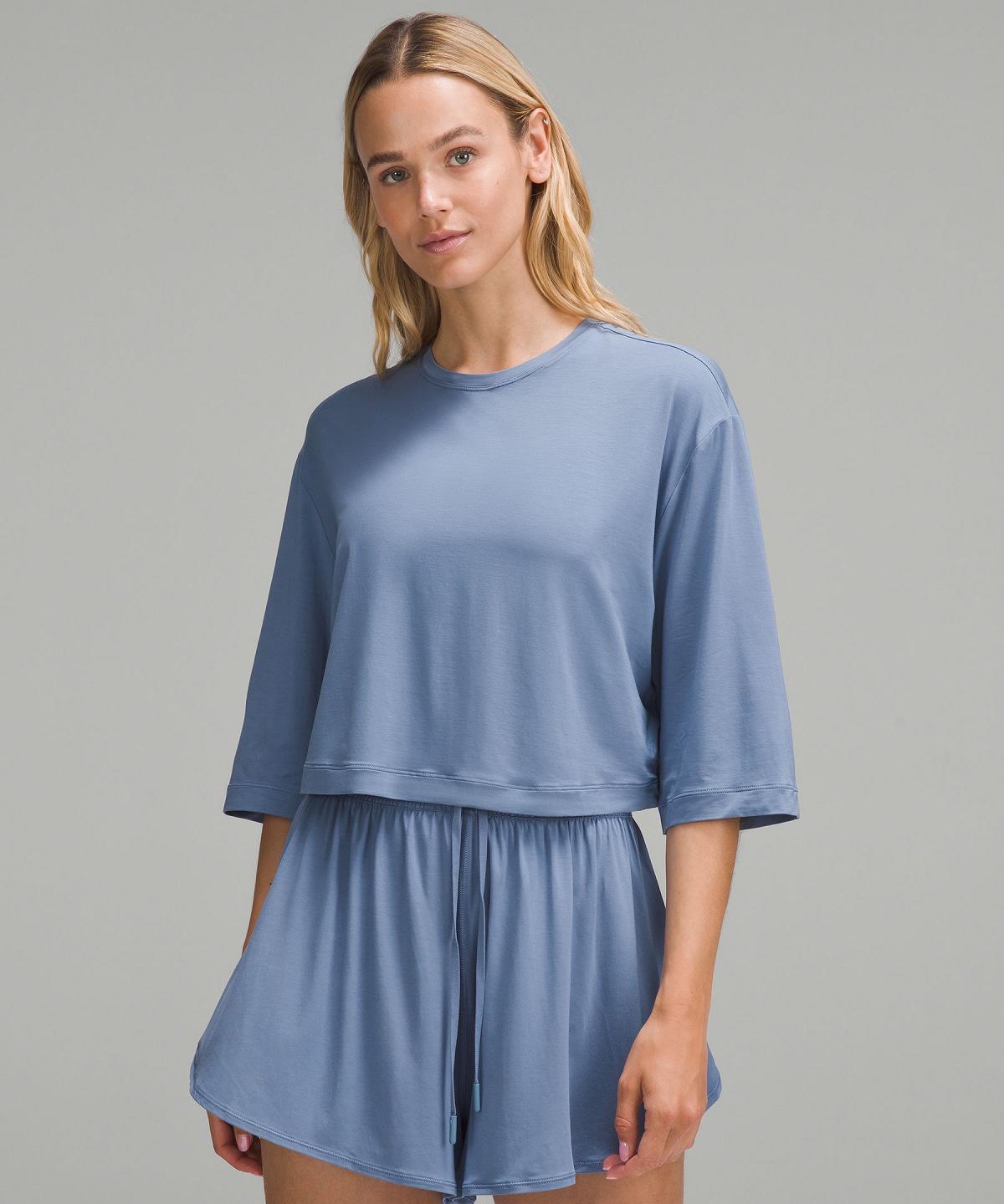 Chemises Lululemon Modal Relaxed-Fit Cropped Short-Sleeve Femme Bleu | FR_LuLu77437