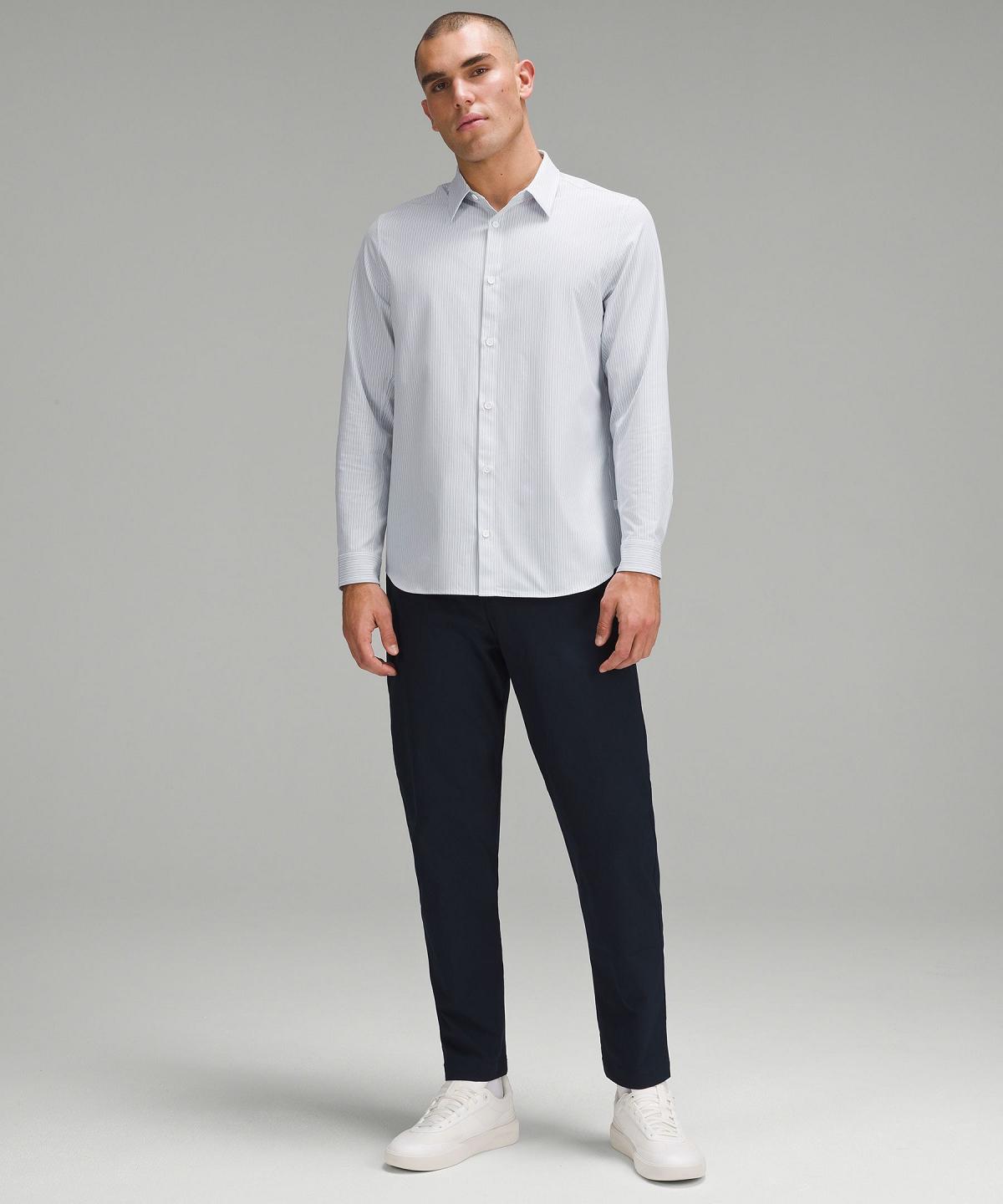 Chemises Lululemon New Venture Classic-Fit Long-Sleeve Homme Stripes Blanche Bleu Beige | FR_LuLu82257