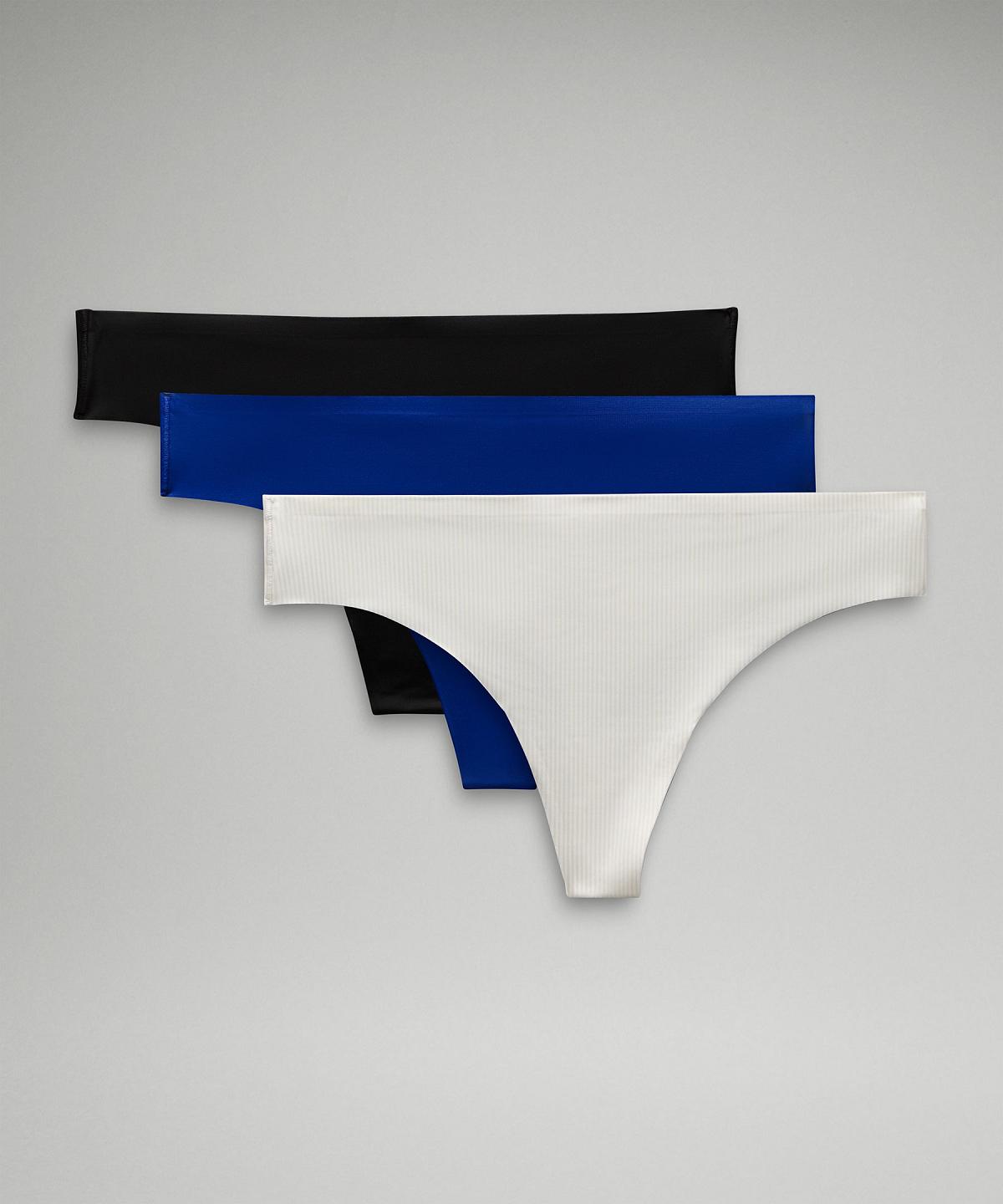 Sous Vêtement Lululemon InvisiWear Mid-Rise Thong Femme Stripes Blanche Noir Bleu | FR_LuLu77391